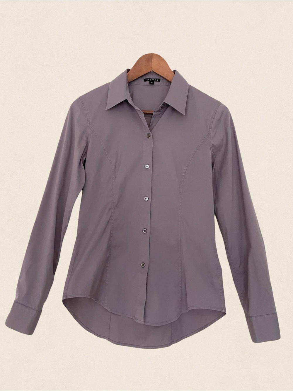 Theory Suelina Impeccable Grey Tailored Button Down Shirt Blouse Stretch Office